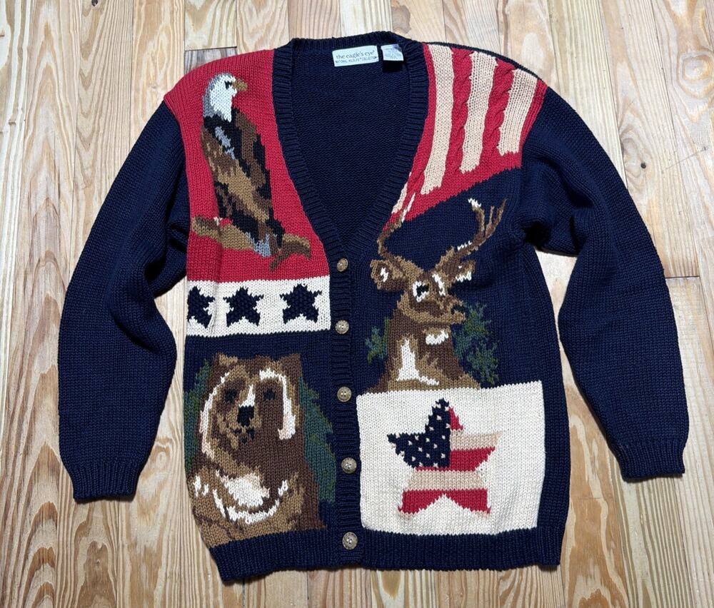 Vintage 90s Men The Eagle Eye World Wildlife Collection Cardigan Sweater Size L